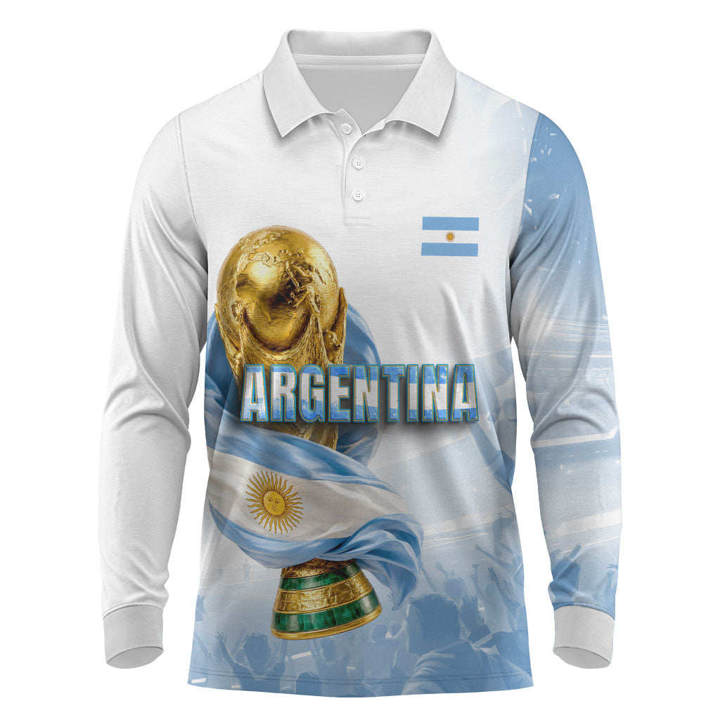 Personalized Argentina Football Champion Trophy Long Sleeve Polo Shirt Flag Soccer Fan Graphic