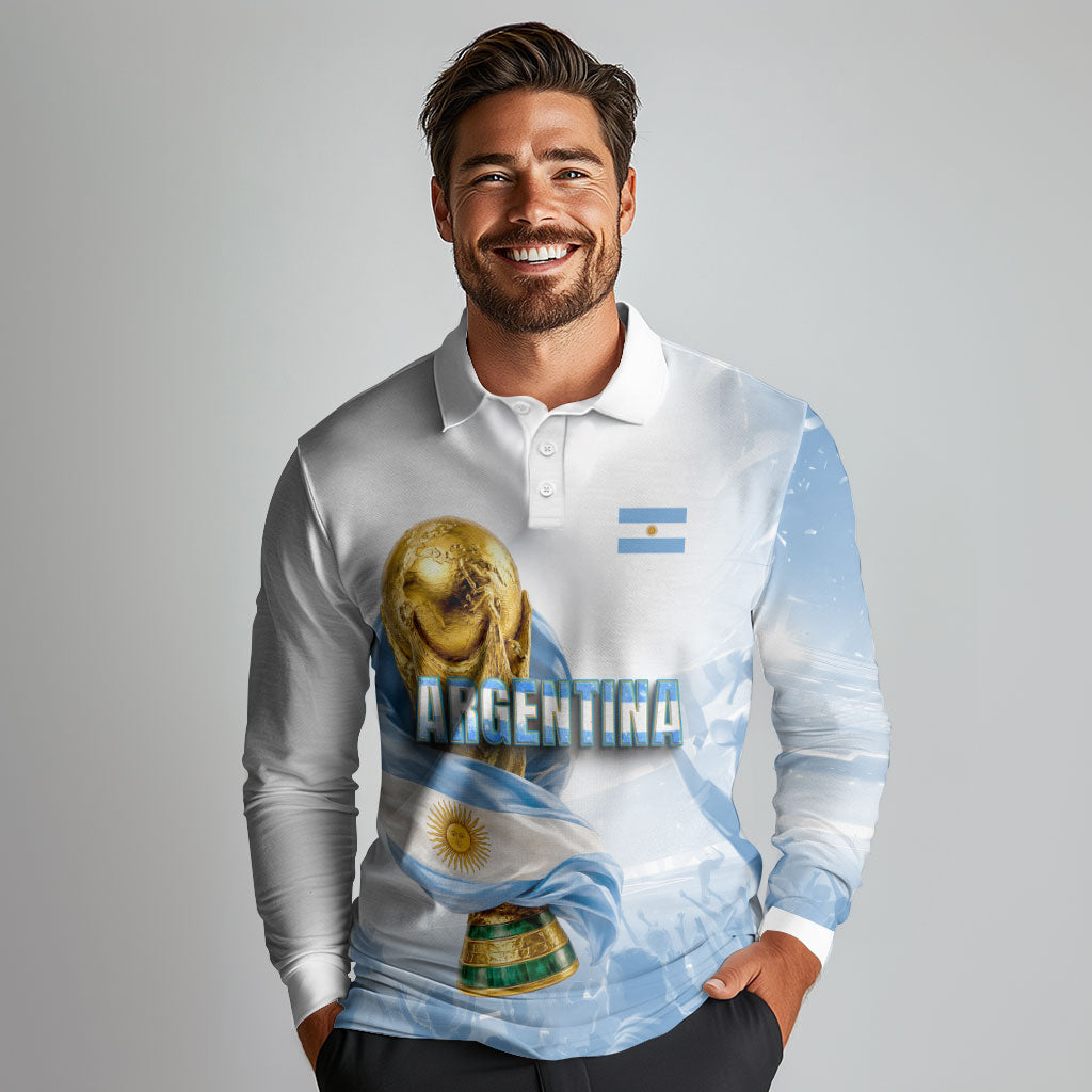 Personalized Argentina Football Champion Trophy Long Sleeve Polo Shirt Flag Soccer Fan Graphic