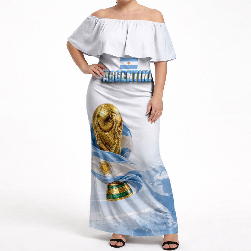 Personalized Argentina Football Champion Trophy Off Shoulder Maxi Dress Flag Soccer Fan Graphic