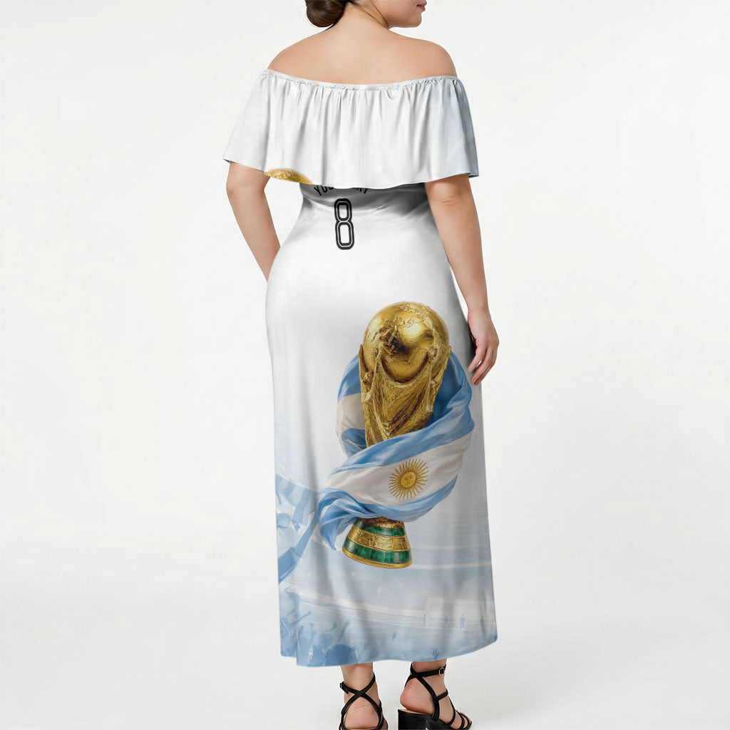 Personalized Argentina Football Champion Trophy Off Shoulder Maxi Dress Flag Soccer Fan Graphic