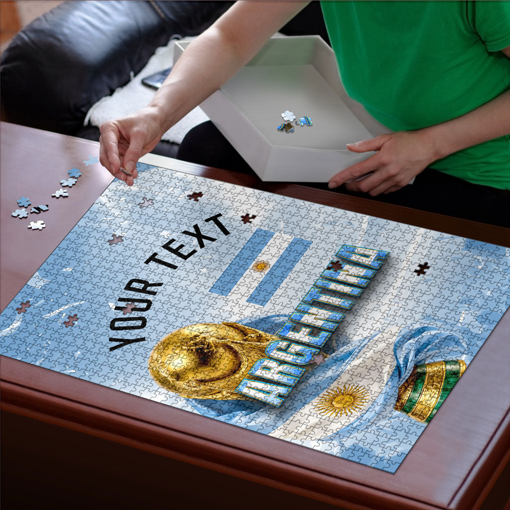 Personalized Argentina Football Champion Trophy Puzzle Flag Soccer Fan Graphic