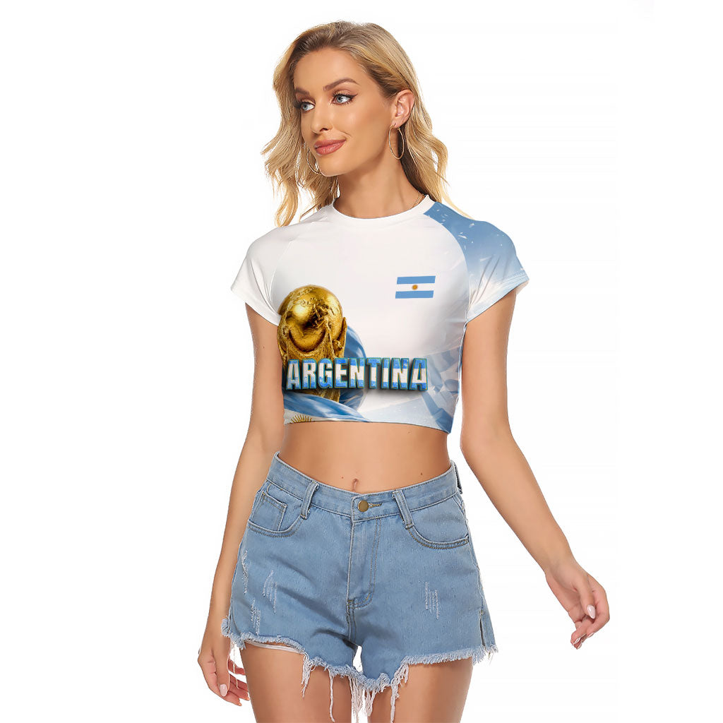 Personalized Argentina Football Champion Trophy Raglan Cropped T Shirt Flag Soccer Fan Graphic