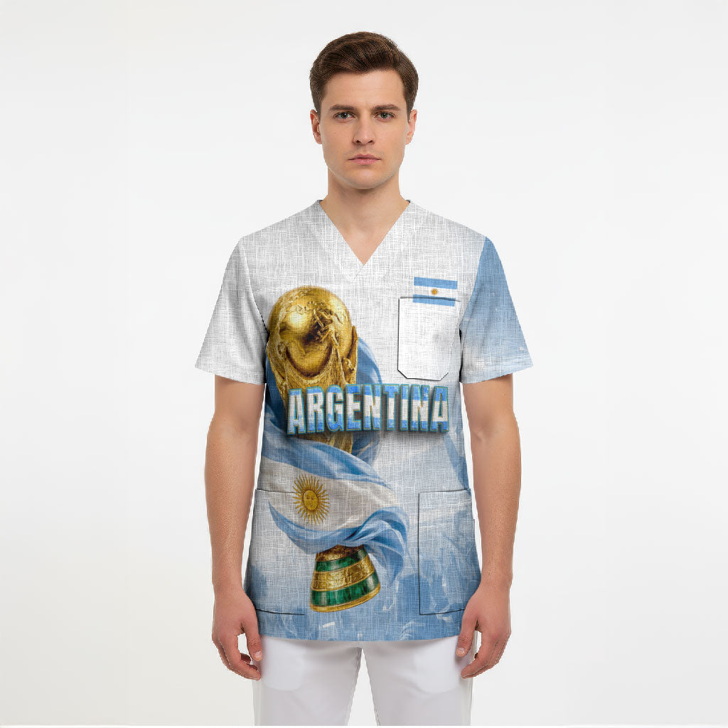 Personalized Argentina Football Champion Trophy Scrub Top Flag Soccer Fan Graphic
