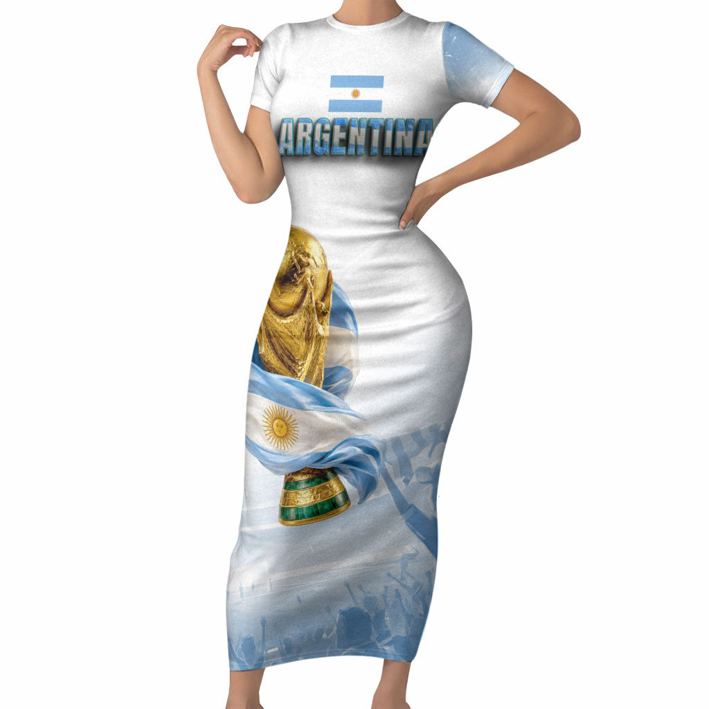 Personalized Argentina Football Champion Trophy Short Sleeve Bodycon Dress Flag Soccer Fan Graphic