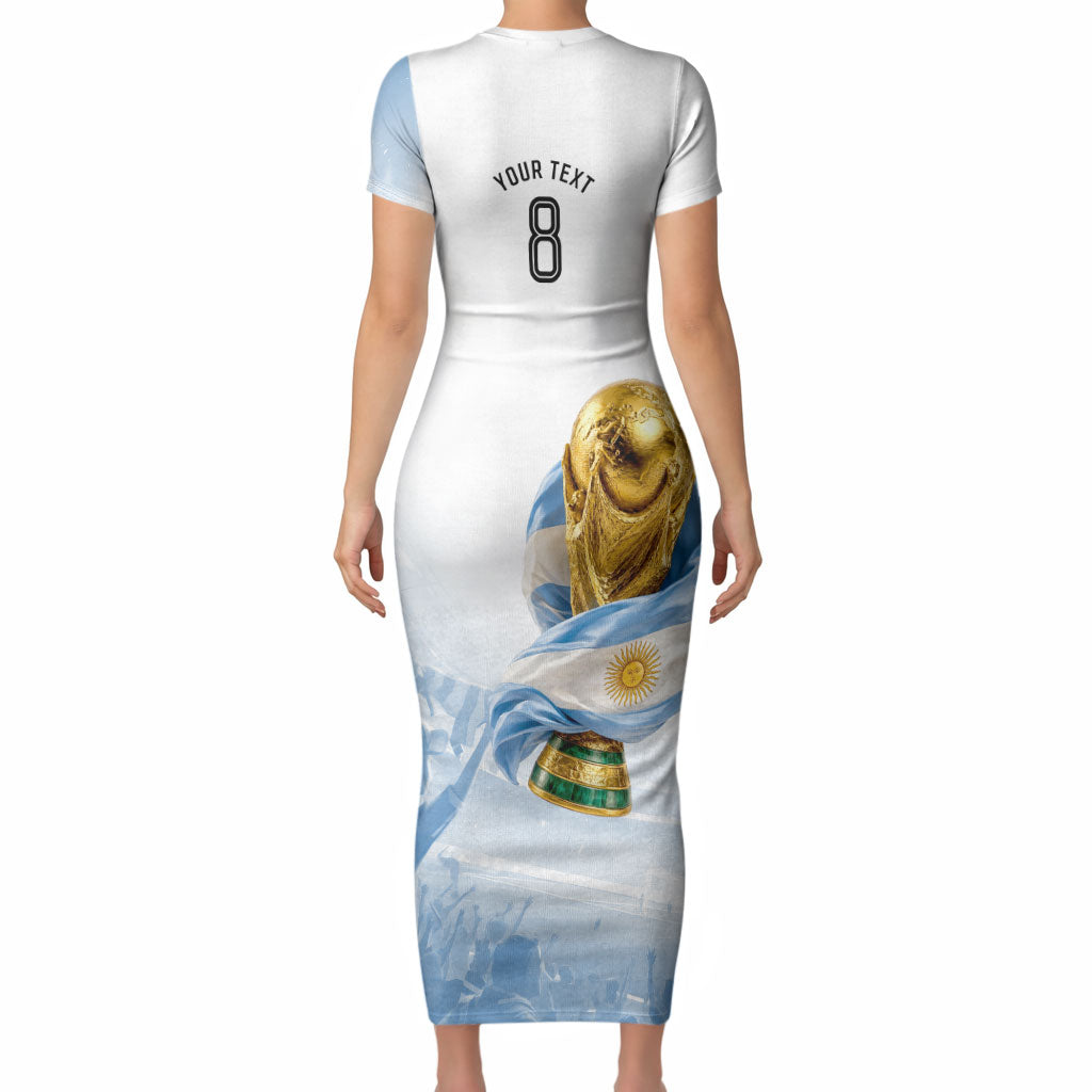 Personalized Argentina Football Champion Trophy Short Sleeve Bodycon Dress Flag Soccer Fan Graphic