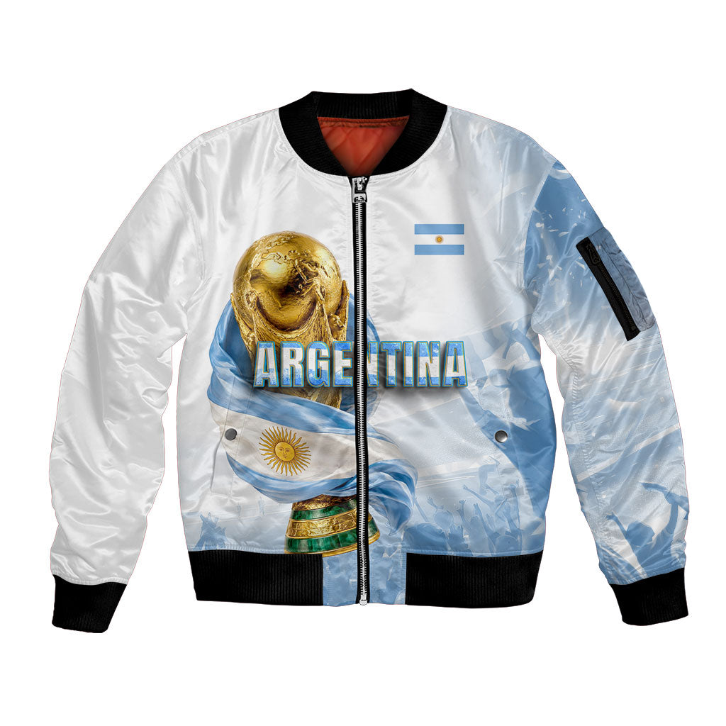Personalized Argentina Football Champion Trophy Sleeve Zip Bomber Jacket Flag Soccer Fan Graphic
