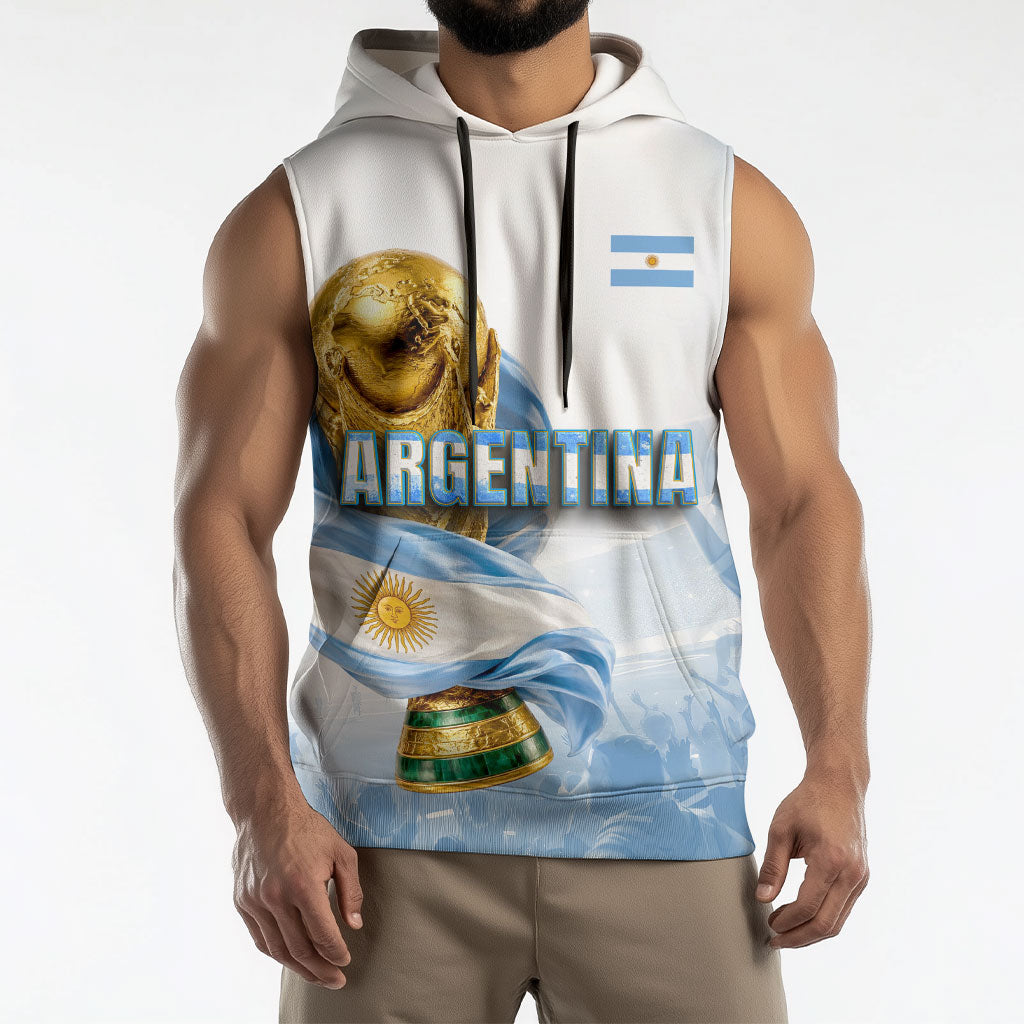 Personalized Argentina Football Champion Trophy Sleeveless Hoodie Flag Soccer Fan Graphic