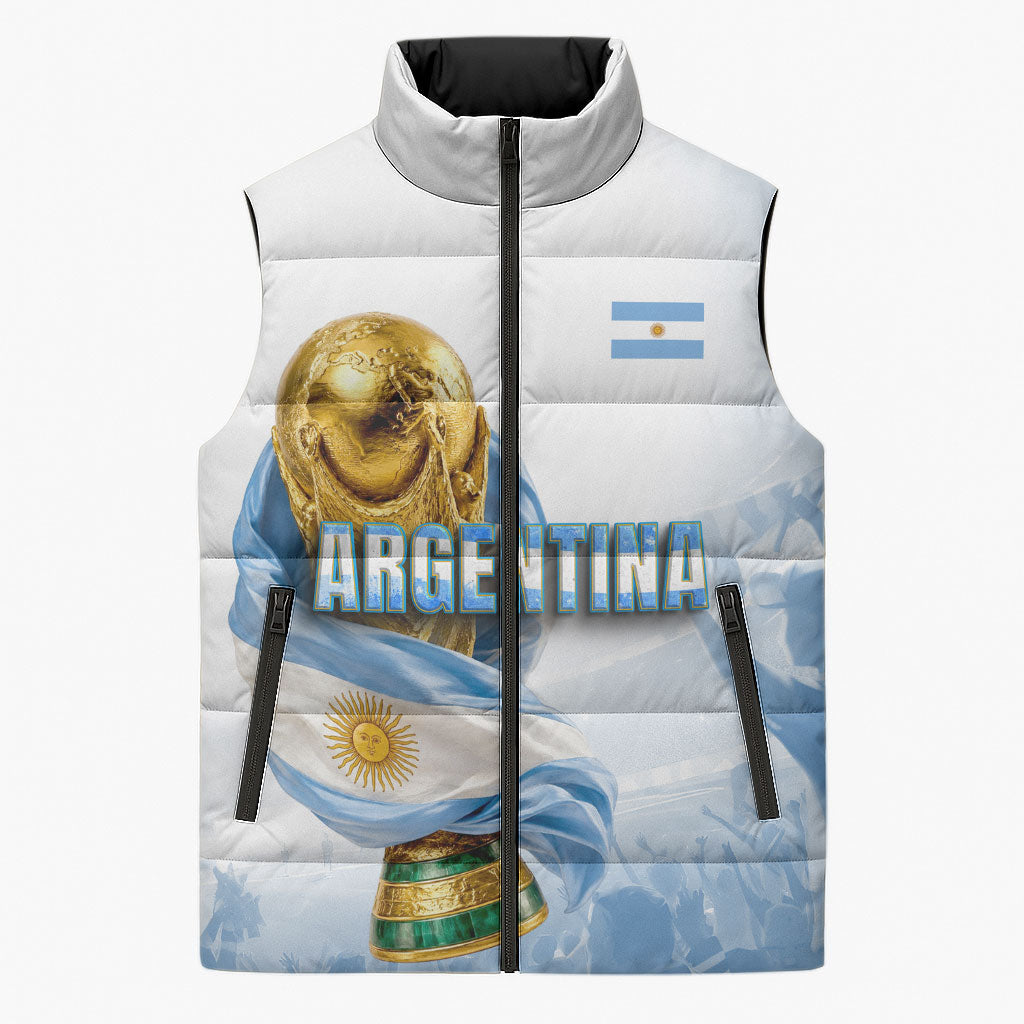 Personalized Argentina Football Champion Trophy Sleeveless Puffer Jacket Flag Soccer Fan Graphic