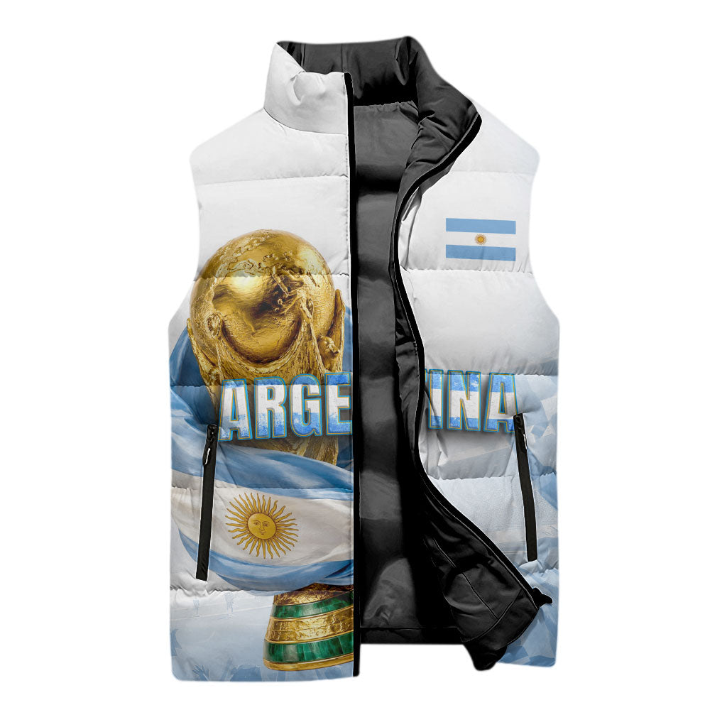 Personalized Argentina Football Champion Trophy Sleeveless Puffer Jacket Flag Soccer Fan Graphic