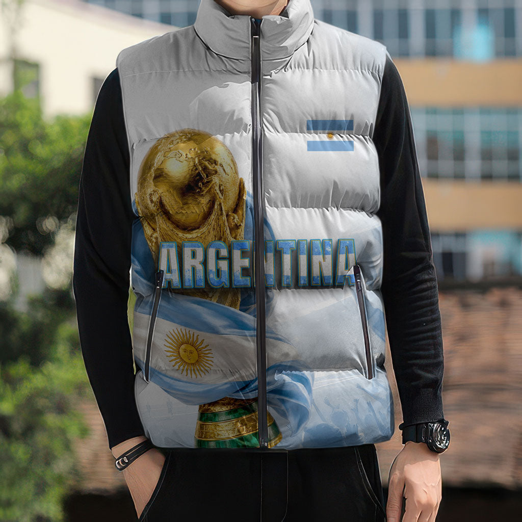 Personalized Argentina Football Champion Trophy Sleeveless Puffer Jacket Flag Soccer Fan Graphic
