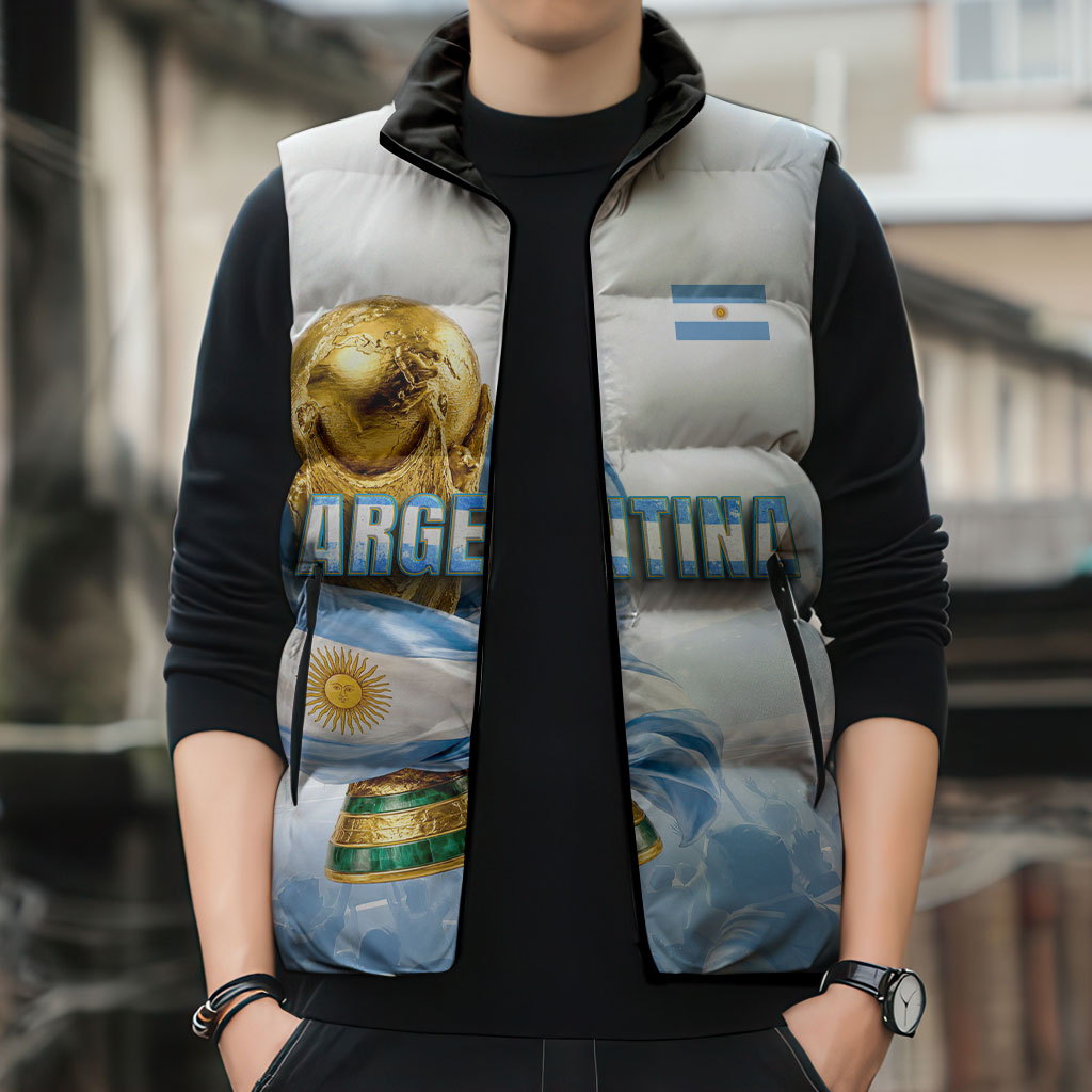 Personalized Argentina Football Champion Trophy Sleeveless Puffer Jacket Flag Soccer Fan Graphic