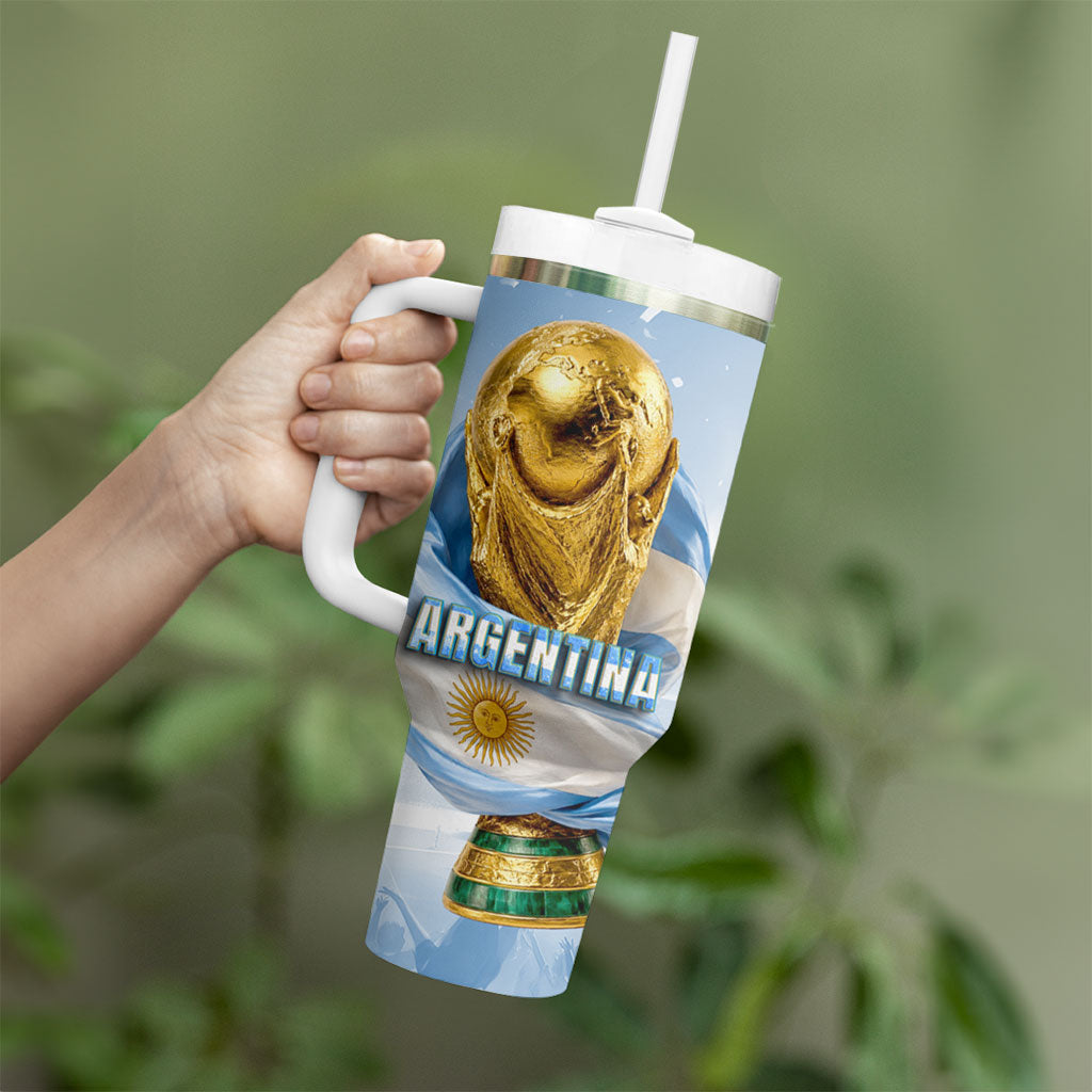 Personalized Argentina Football Champion Trophy Tumbler With Handle Flag Soccer Fan Graphic