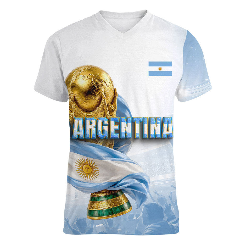 Personalized Argentina Football Champion Trophy Women V-Neck T-Shirt Flag Soccer Fan Graphic