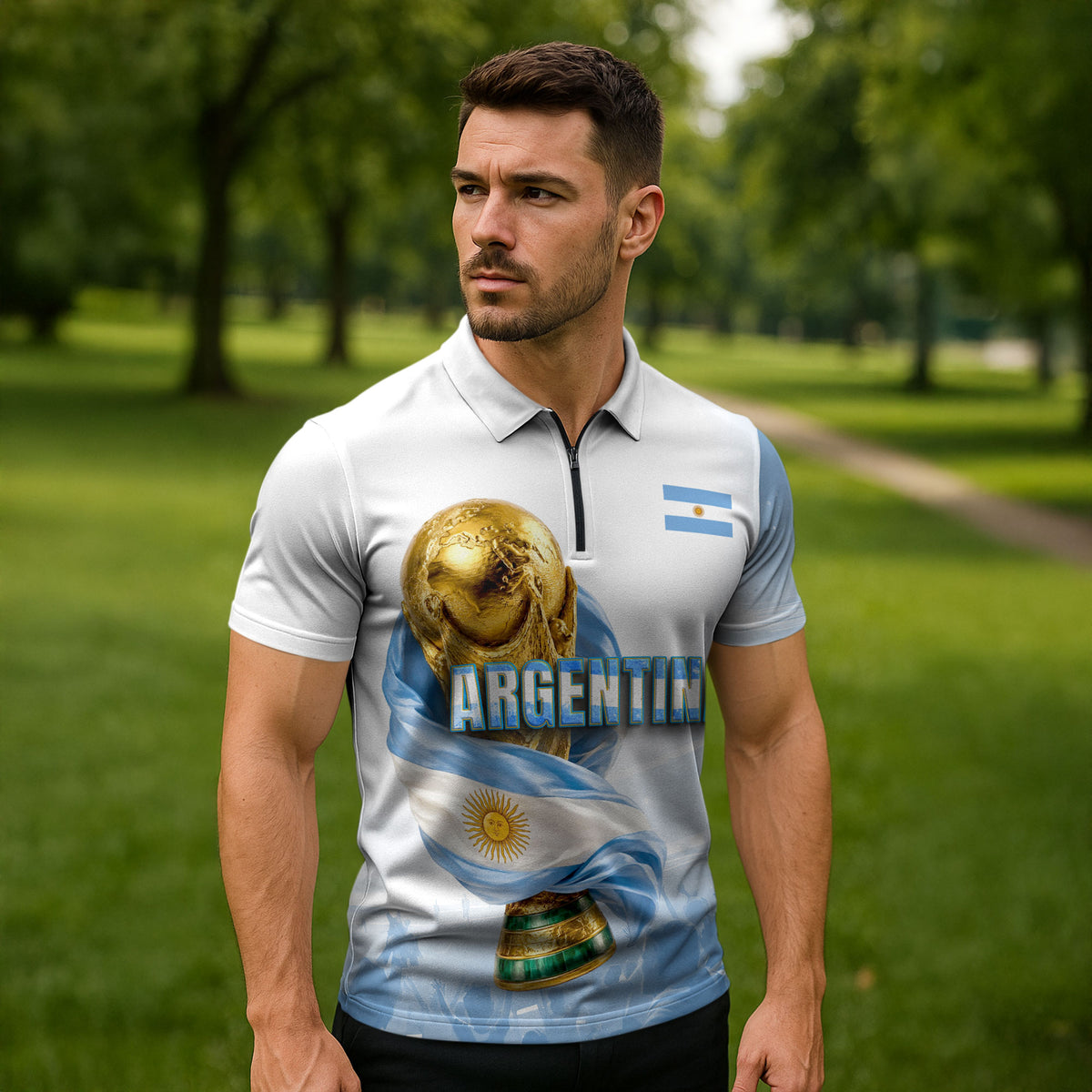 Personalized Argentina Football Champion Trophy Zipper Polo Shirt Flag Soccer Fan Graphic