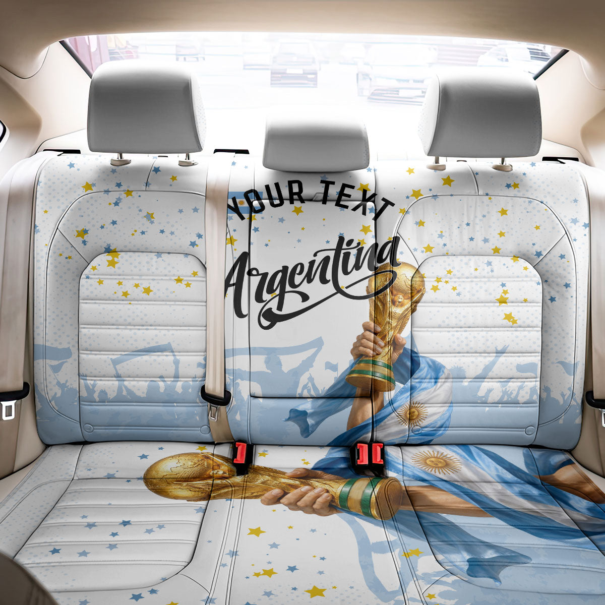 Personalized Argentina Football Back Car Seat Cover Soccer Trophy Celebration Flag Graphic