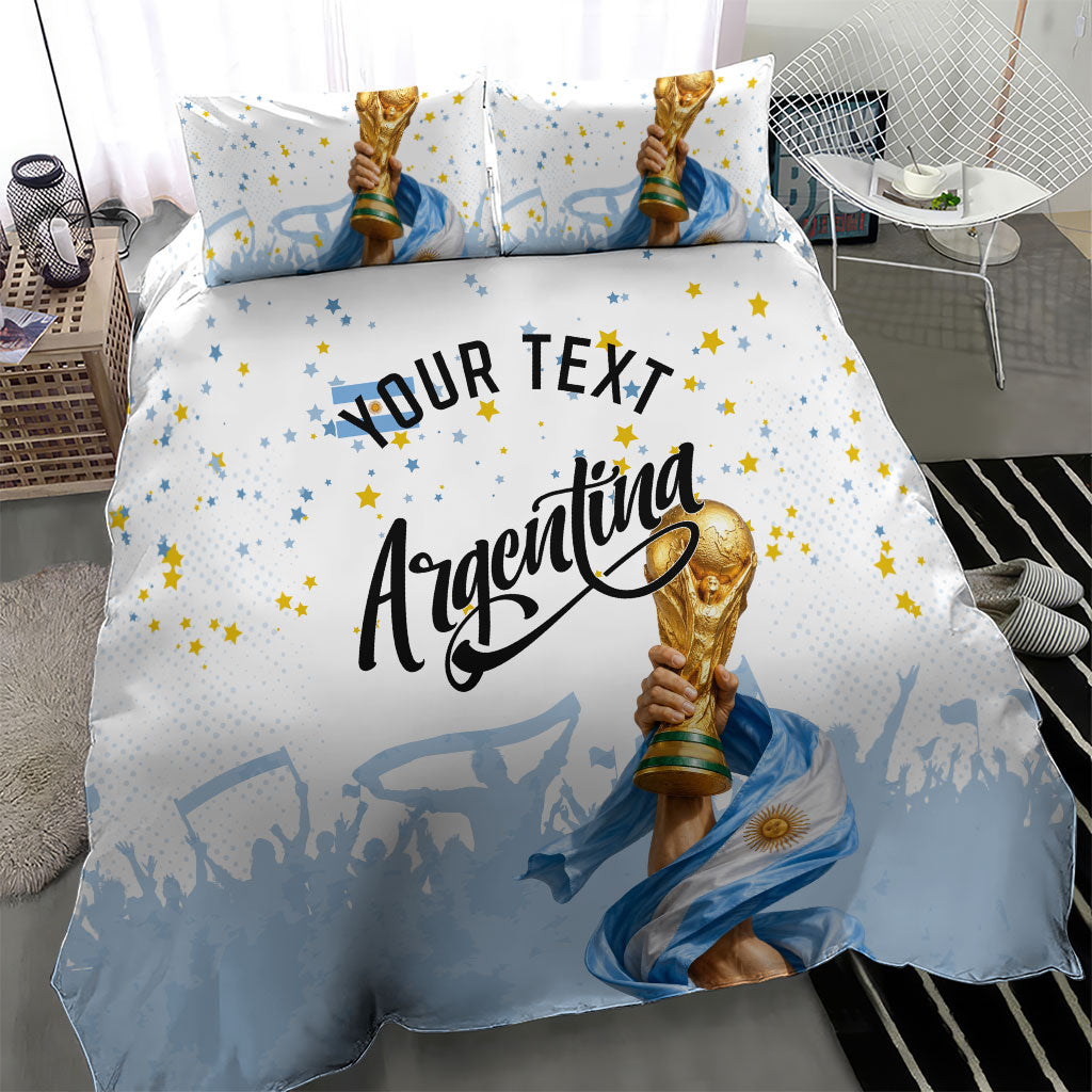 Personalized Argentina Football Bedding Set Soccer Trophy Celebration Flag Graphic