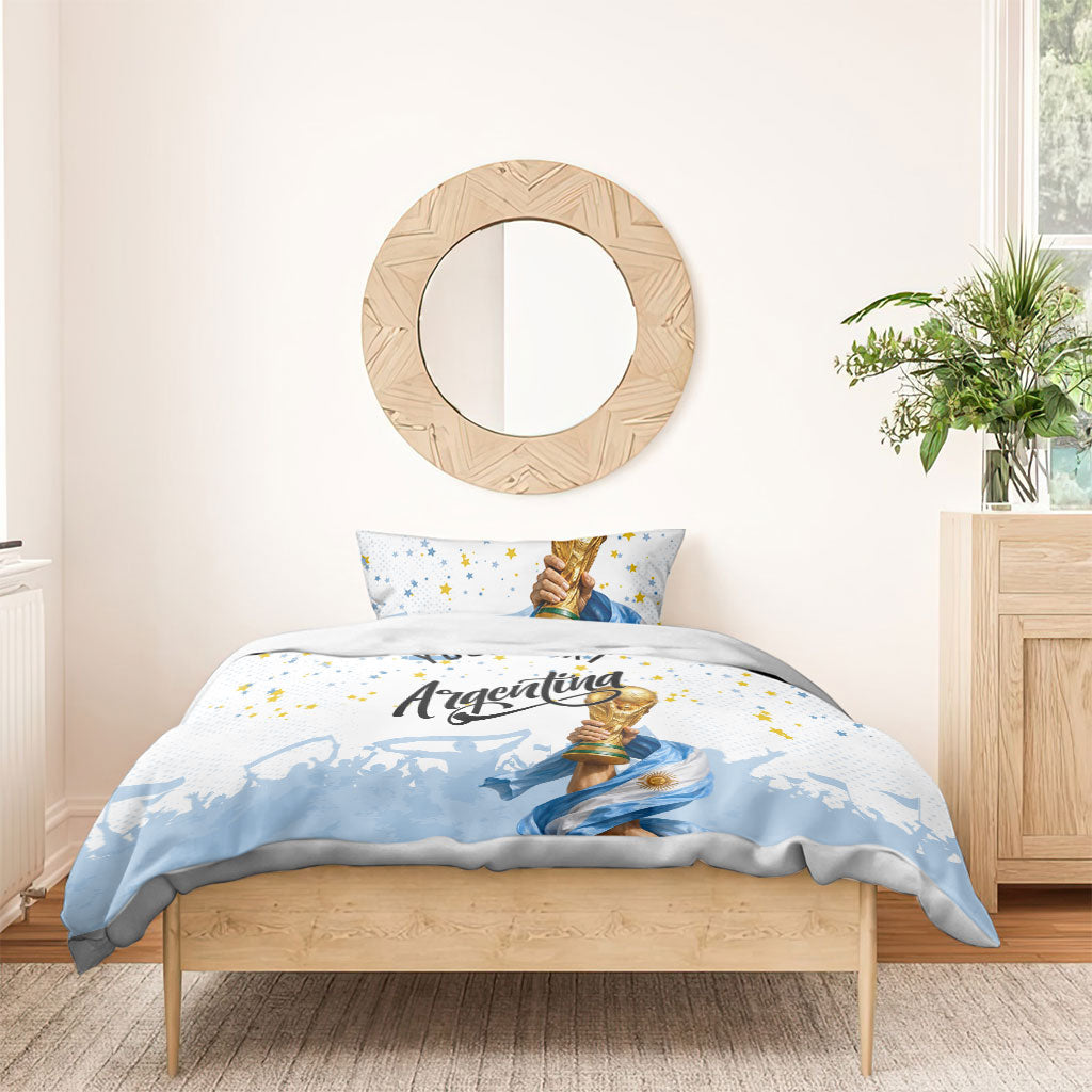 Personalized Argentina Football Bedding Set Soccer Trophy Celebration Flag Graphic