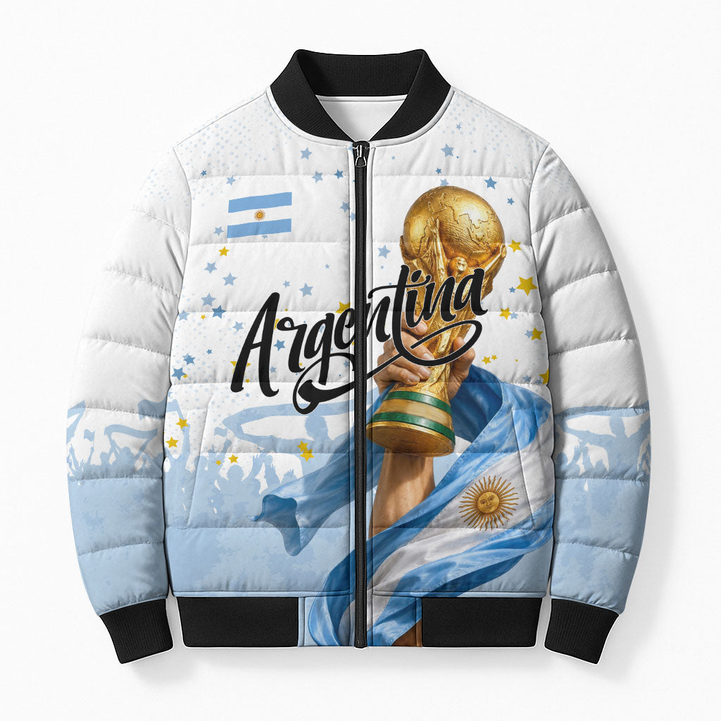 Personalized Argentina Football Bomber Puffer Jacket Soccer Trophy Celebration Flag Graphic