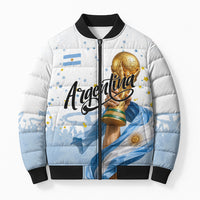 Personalized Argentina Football Bomber Puffer Jacket Soccer Trophy Celebration Flag Graphic