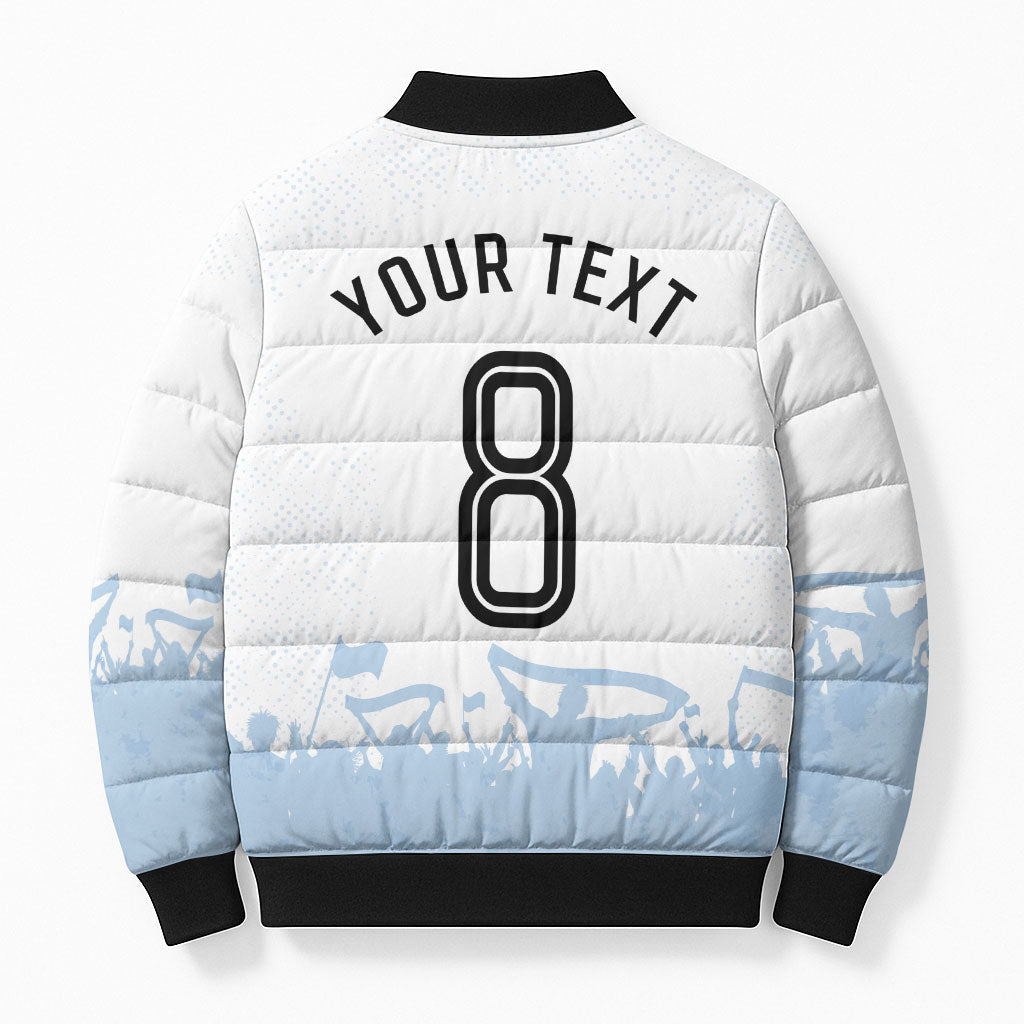Personalized Argentina Football Bomber Puffer Jacket Soccer Trophy Celebration Flag Graphic