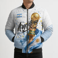 Personalized Argentina Football Bomber Puffer Jacket Soccer Trophy Celebration Flag Graphic