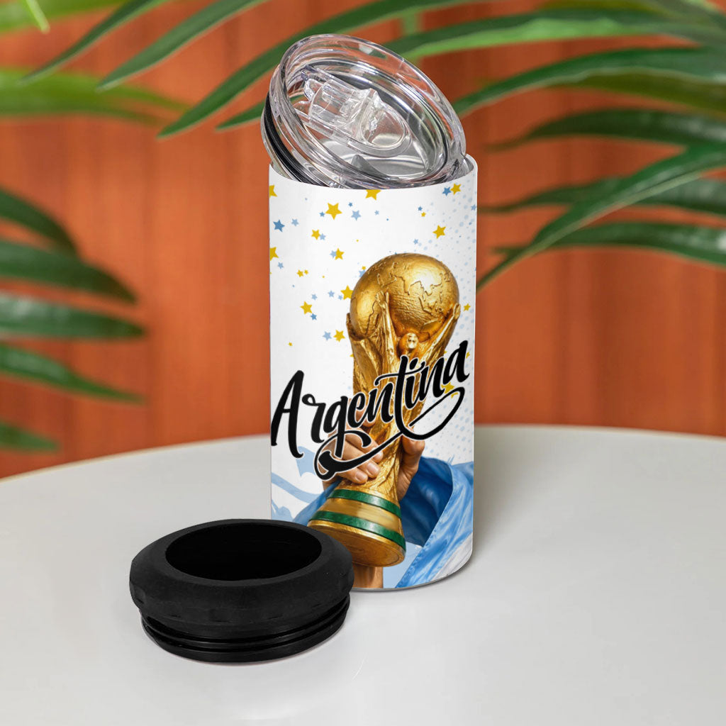 Personalized Argentina Football 4 in 1 Can Cooler Tumbler Soccer Trophy Celebration Flag Graphic