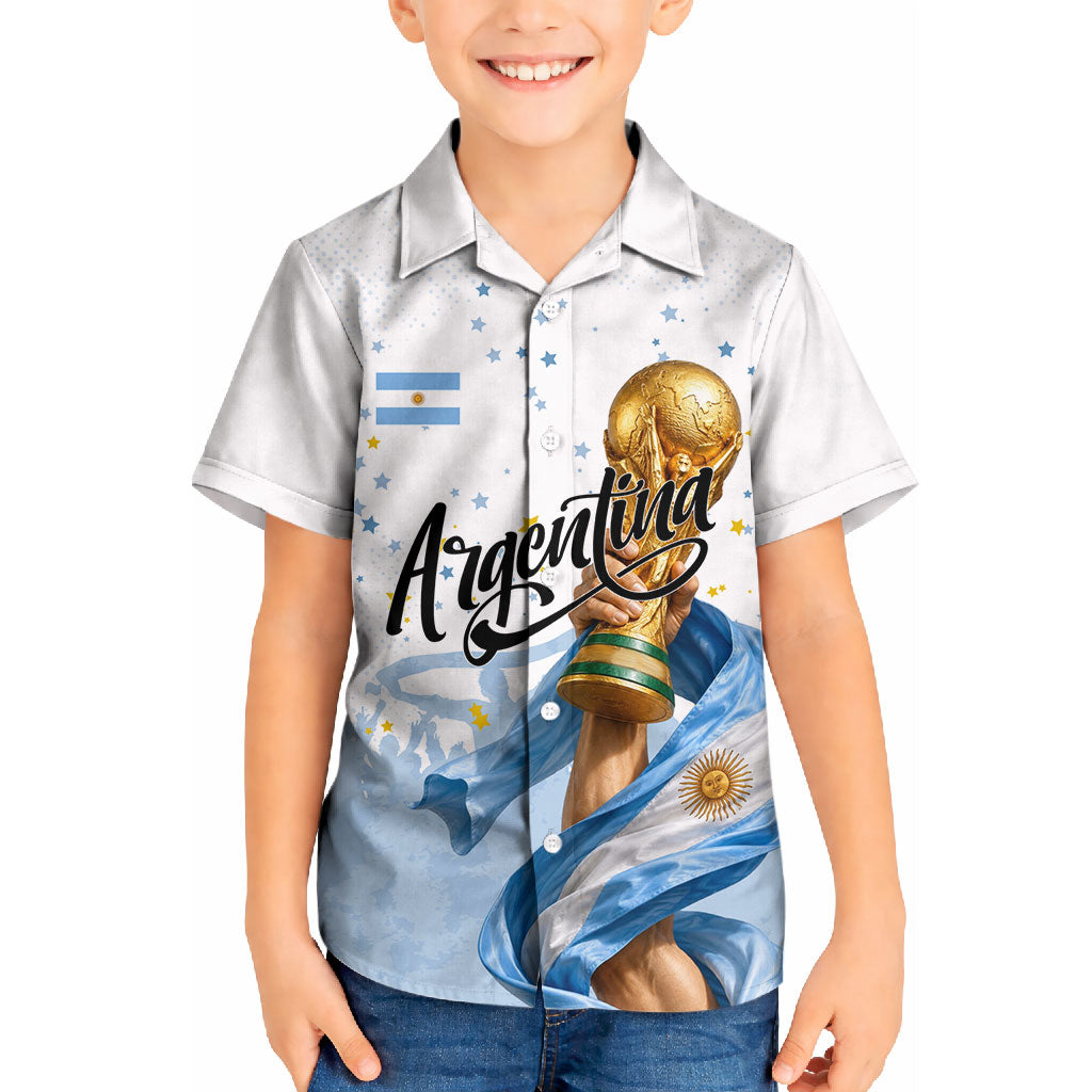 Personalized Argentina Football Kid Hawaiian Shirt Soccer Trophy Celebration Flag Graphic