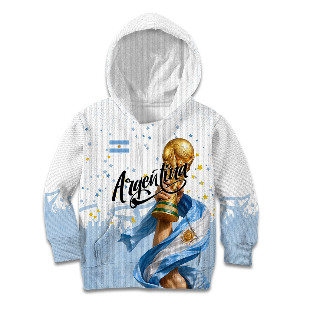 Personalized Argentina Football Kid Hoodie Soccer Trophy Celebration Flag Graphic
