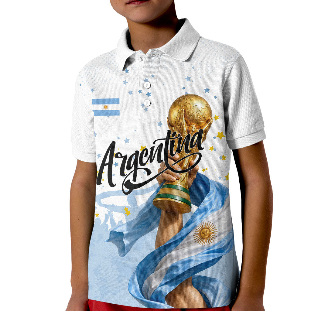 Personalized Argentina Football Kid Polo Shirt Soccer Trophy Celebration Flag Graphic