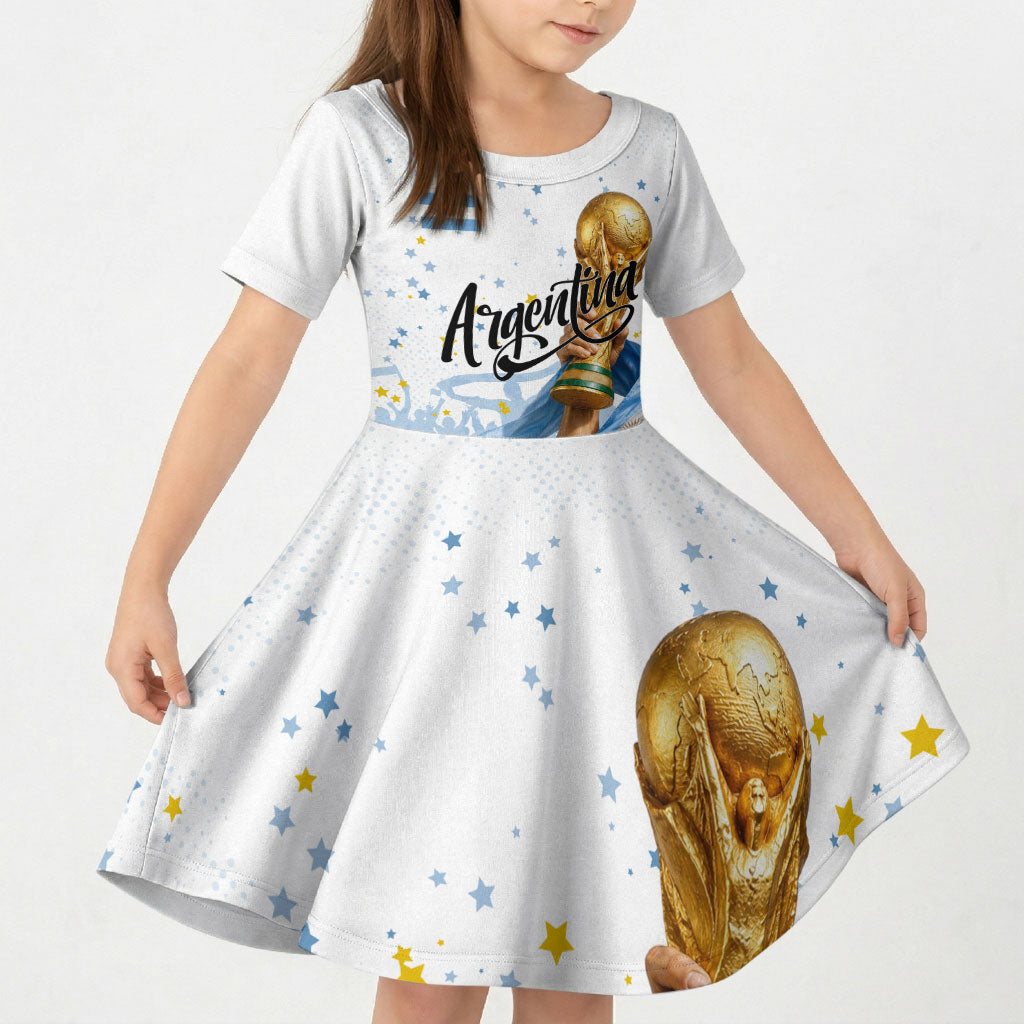 Personalized Argentina Football Kid Short Sleeve Dress Soccer Trophy Celebration Flag Graphic