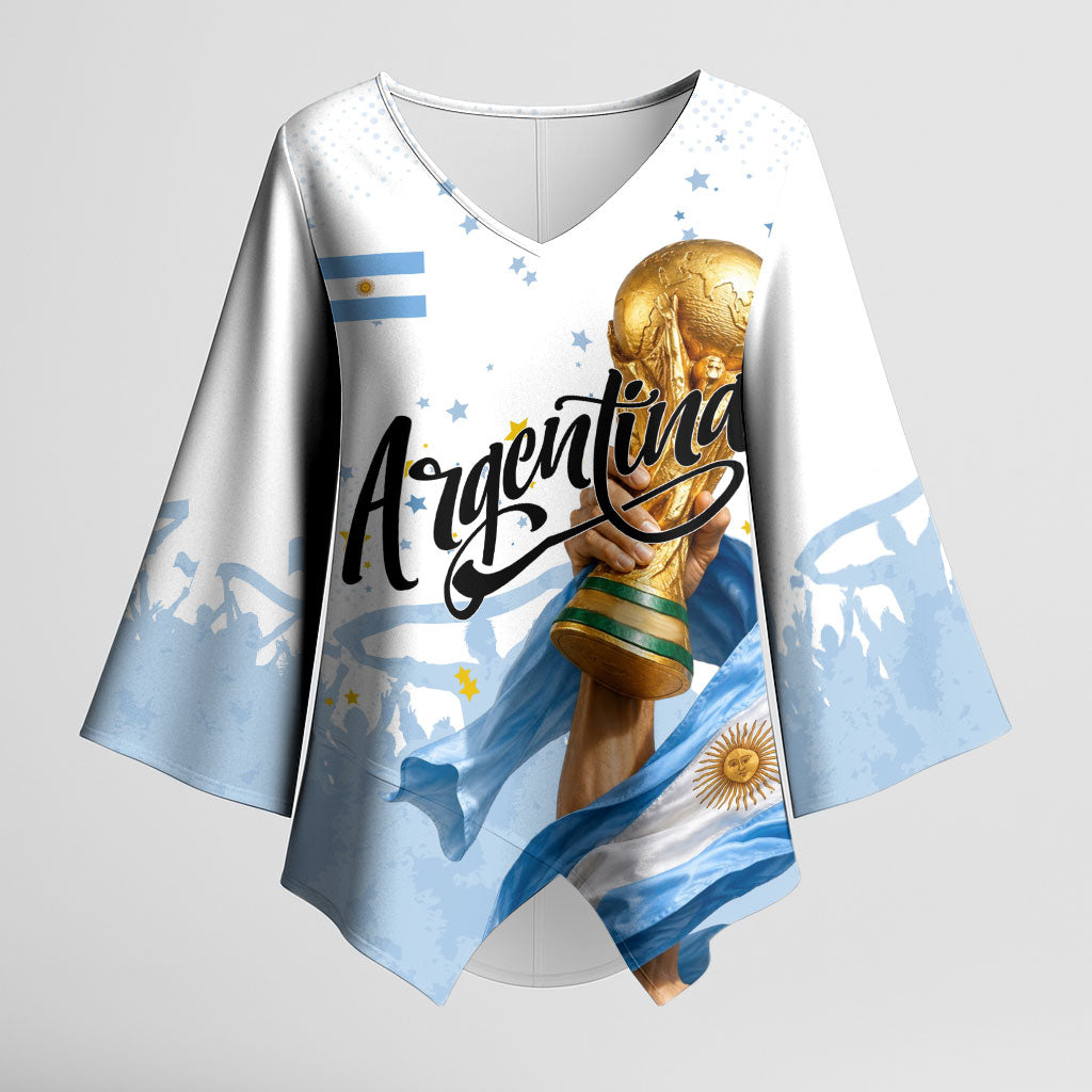 Personalized Argentina Football Kimono Sleeve Blouse Soccer Trophy Celebration Flag Graphic
