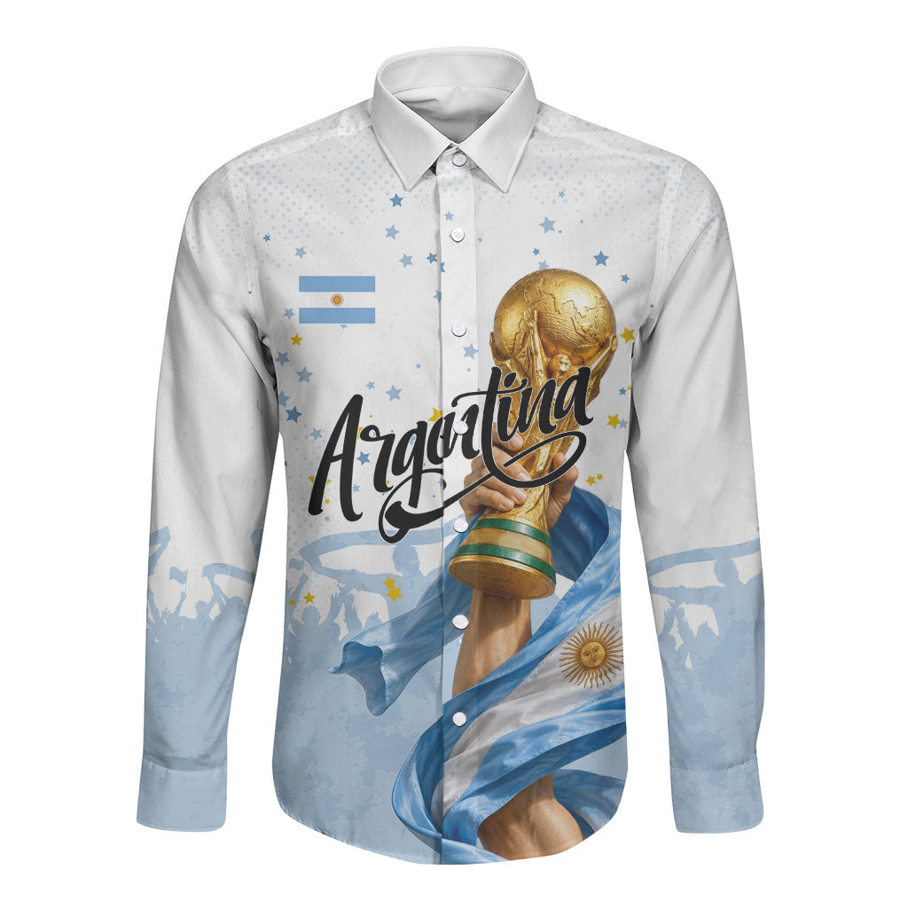 Personalized Argentina Football Long Sleeve Button Shirt Soccer Trophy Celebration Flag Graphic