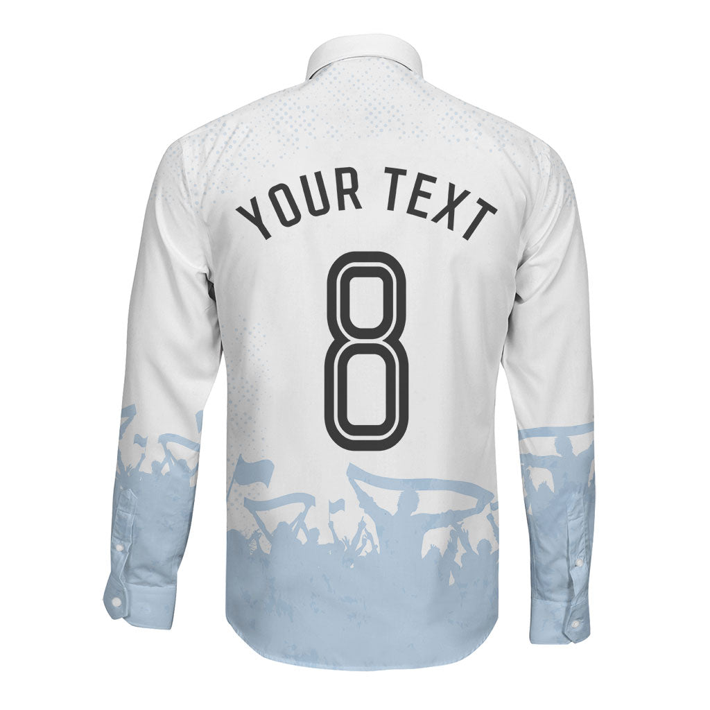 Personalized Argentina Football Long Sleeve Button Shirt Soccer Trophy Celebration Flag Graphic