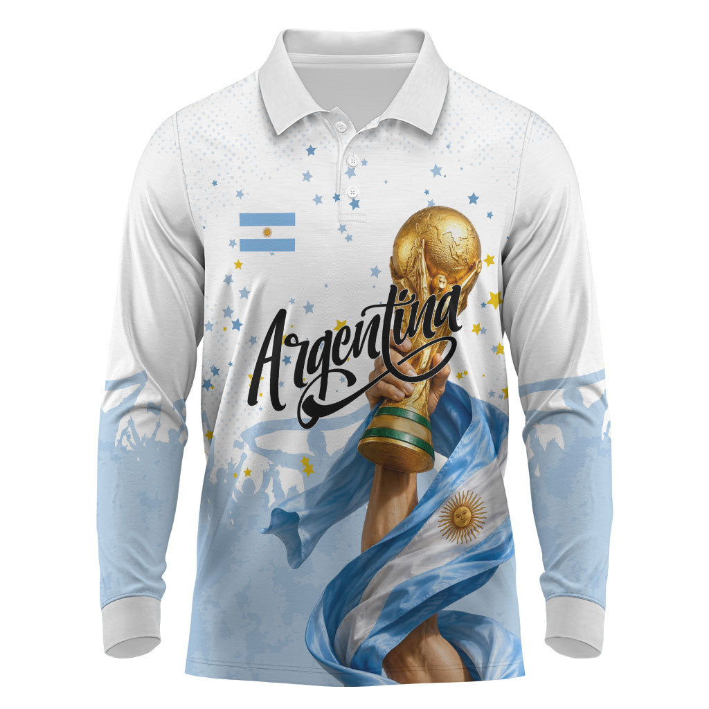 Personalized Argentina Football Long Sleeve Polo Shirt Soccer Trophy Celebration Flag Graphic