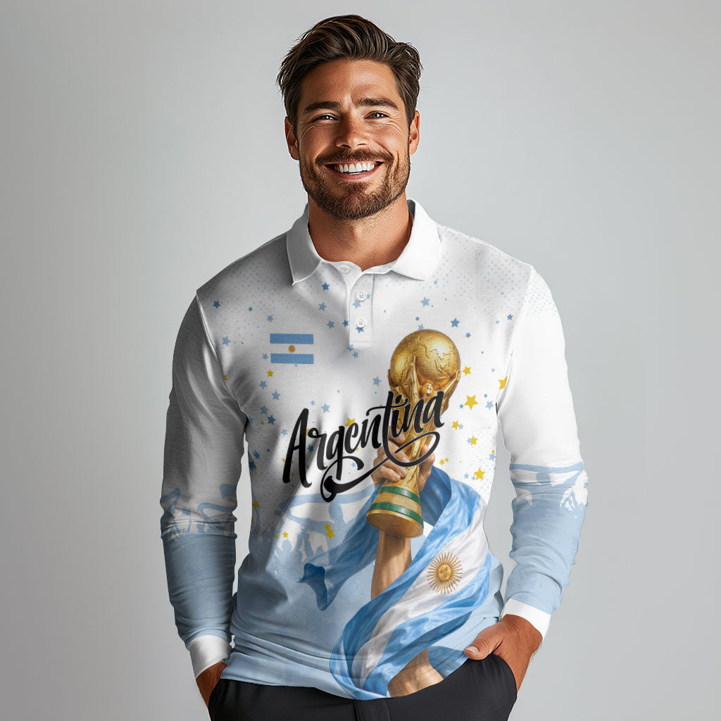 Personalized Argentina Football Long Sleeve Polo Shirt Soccer Trophy Celebration Flag Graphic