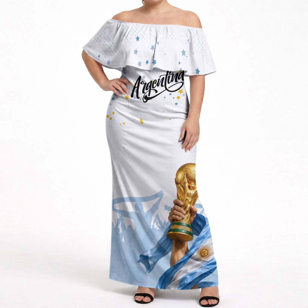 Personalized Argentina Football Off Shoulder Maxi Dress Soccer Trophy Celebration Flag Graphic