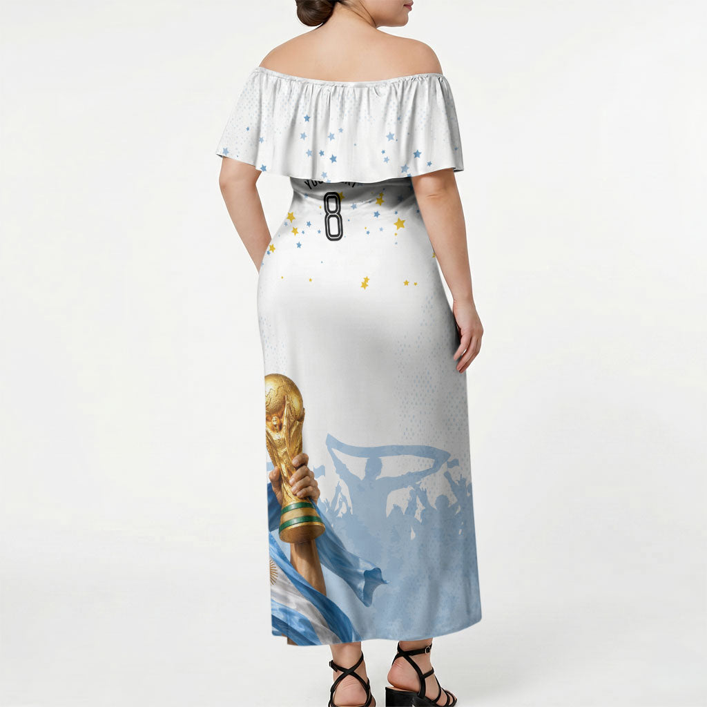 Personalized Argentina Football Off Shoulder Maxi Dress Soccer Trophy Celebration Flag Graphic