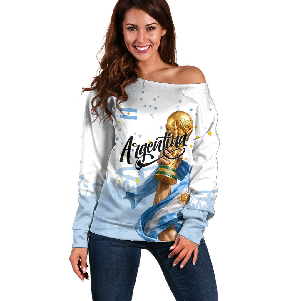 Personalized Argentina Football Off Shoulder Sweater Soccer Trophy Celebration Flag Graphic