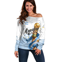 Personalized Argentina Football Off Shoulder Sweater Soccer Trophy Celebration Flag Graphic