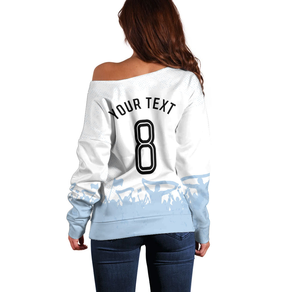 Personalized Argentina Football Off Shoulder Sweater Soccer Trophy Celebration Flag Graphic