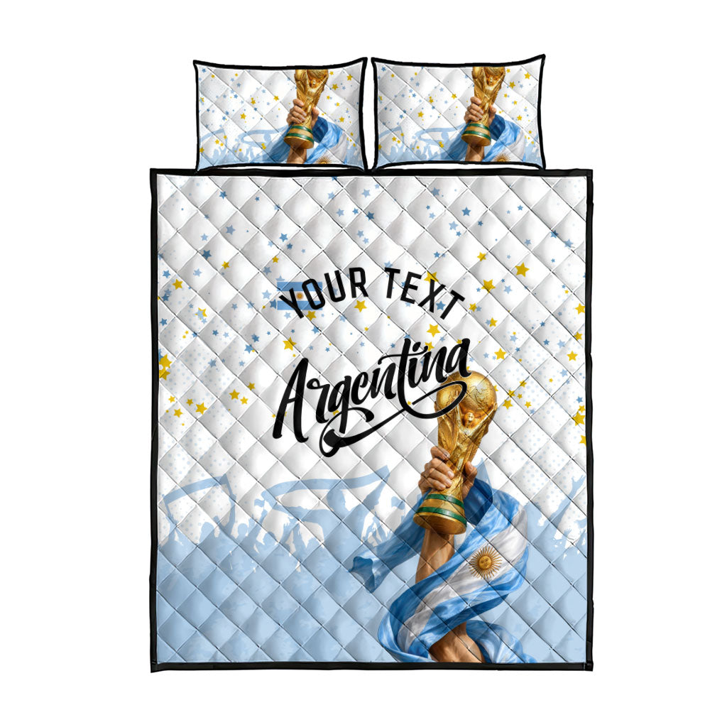 Personalized Argentina Football Quilt Bed Set Soccer Trophy Celebration Flag Graphic