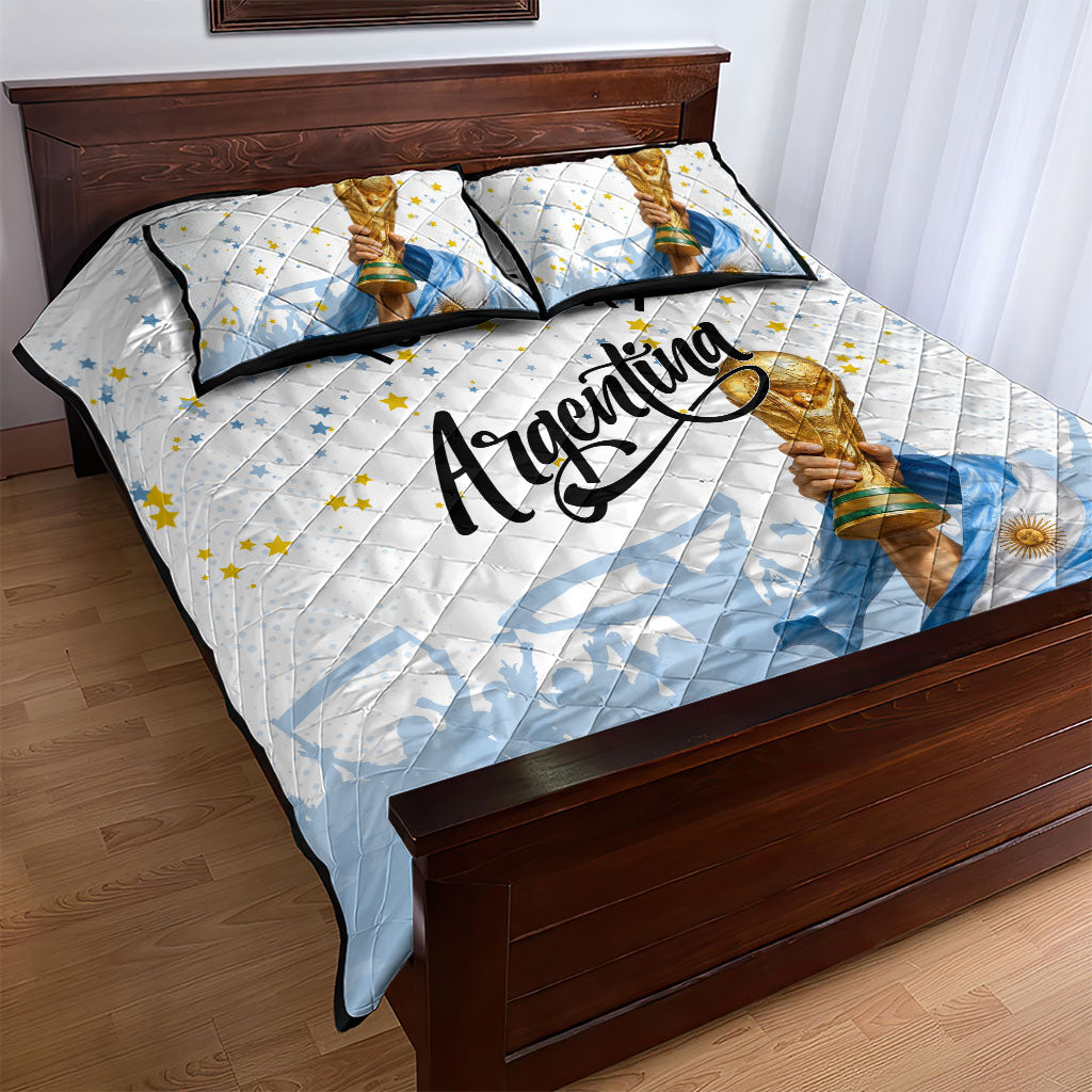 Personalized Argentina Football Quilt Bed Set Soccer Trophy Celebration Flag Graphic