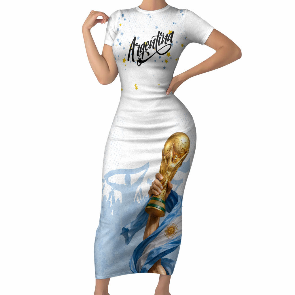 Personalized Argentina Football Short Sleeve Bodycon Dress Soccer Trophy Celebration Flag Graphic