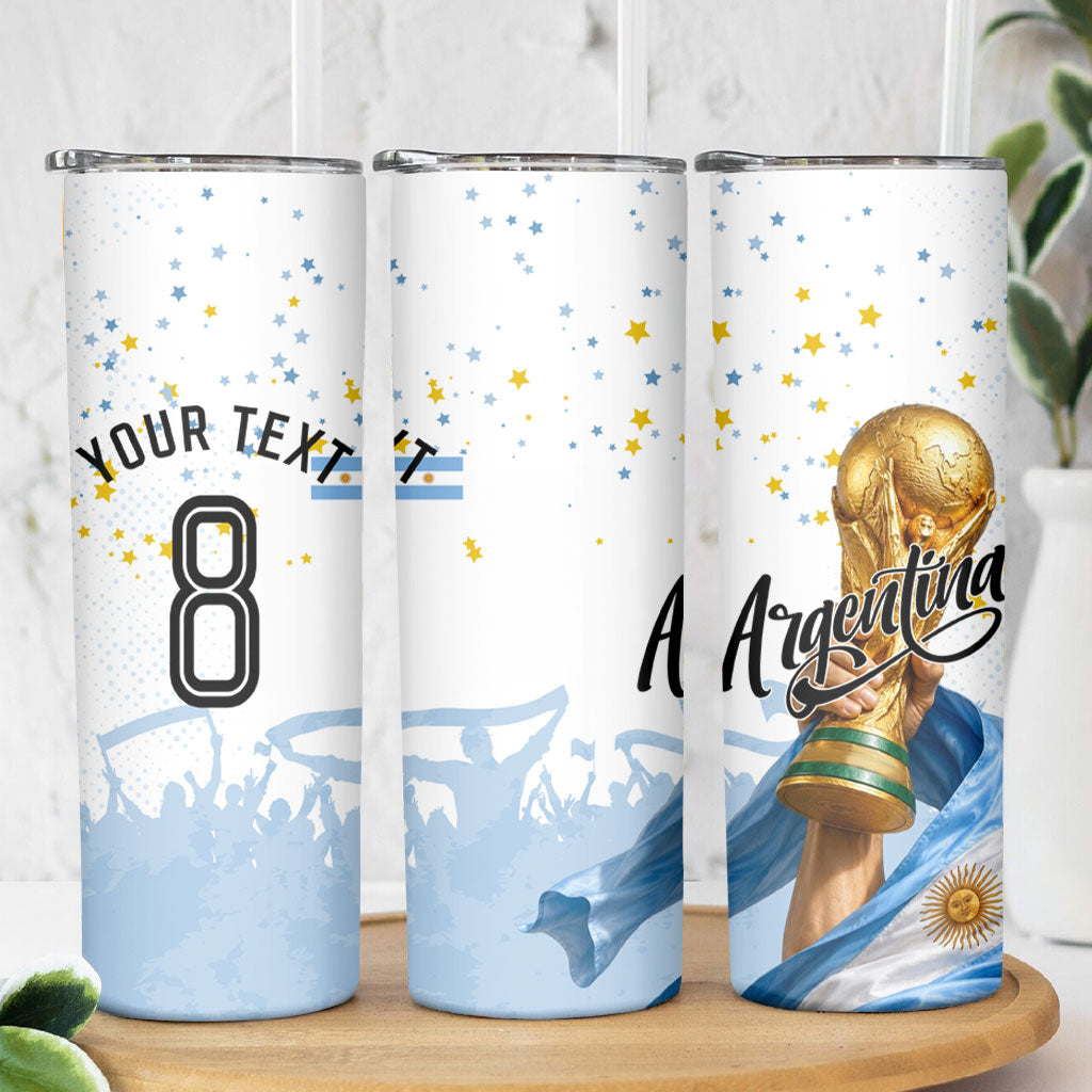 Personalized Argentina Football Skinny Tumbler Soccer Trophy Celebration Flag Graphic