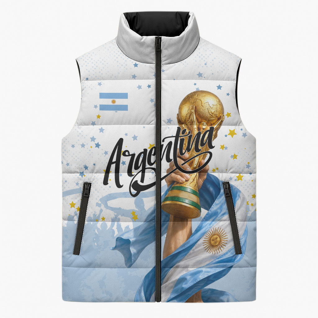 Personalized Argentina Football Sleeveless Puffer Jacket Soccer Trophy Celebration Flag Graphic