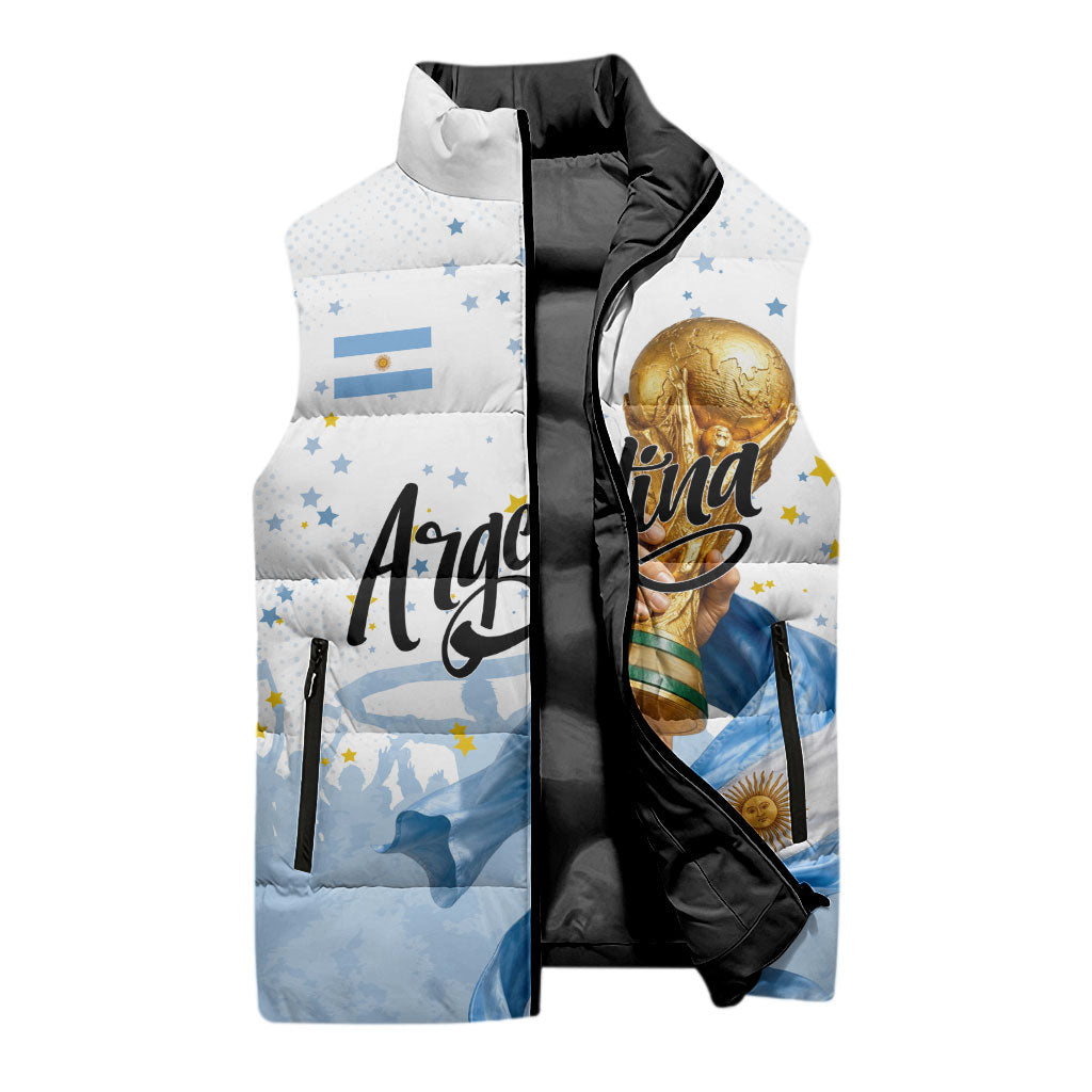 Personalized Argentina Football Sleeveless Puffer Jacket Soccer Trophy Celebration Flag Graphic