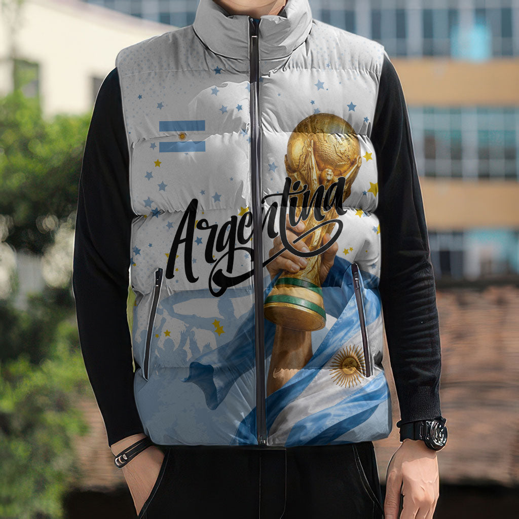 Personalized Argentina Football Sleeveless Puffer Jacket Soccer Trophy Celebration Flag Graphic