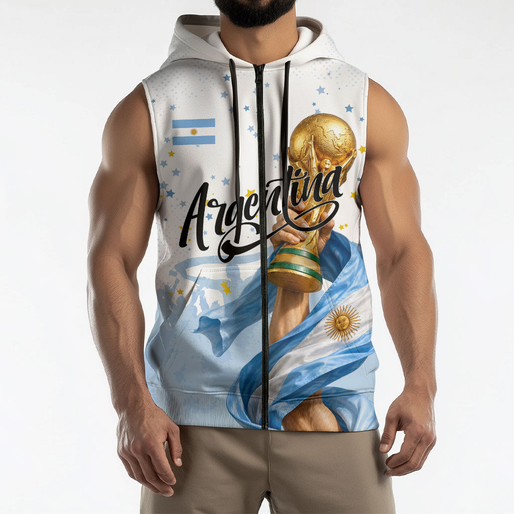Personalized Argentina Football Sleeveless Zip Hoodie Soccer Trophy Celebration Flag Graphic