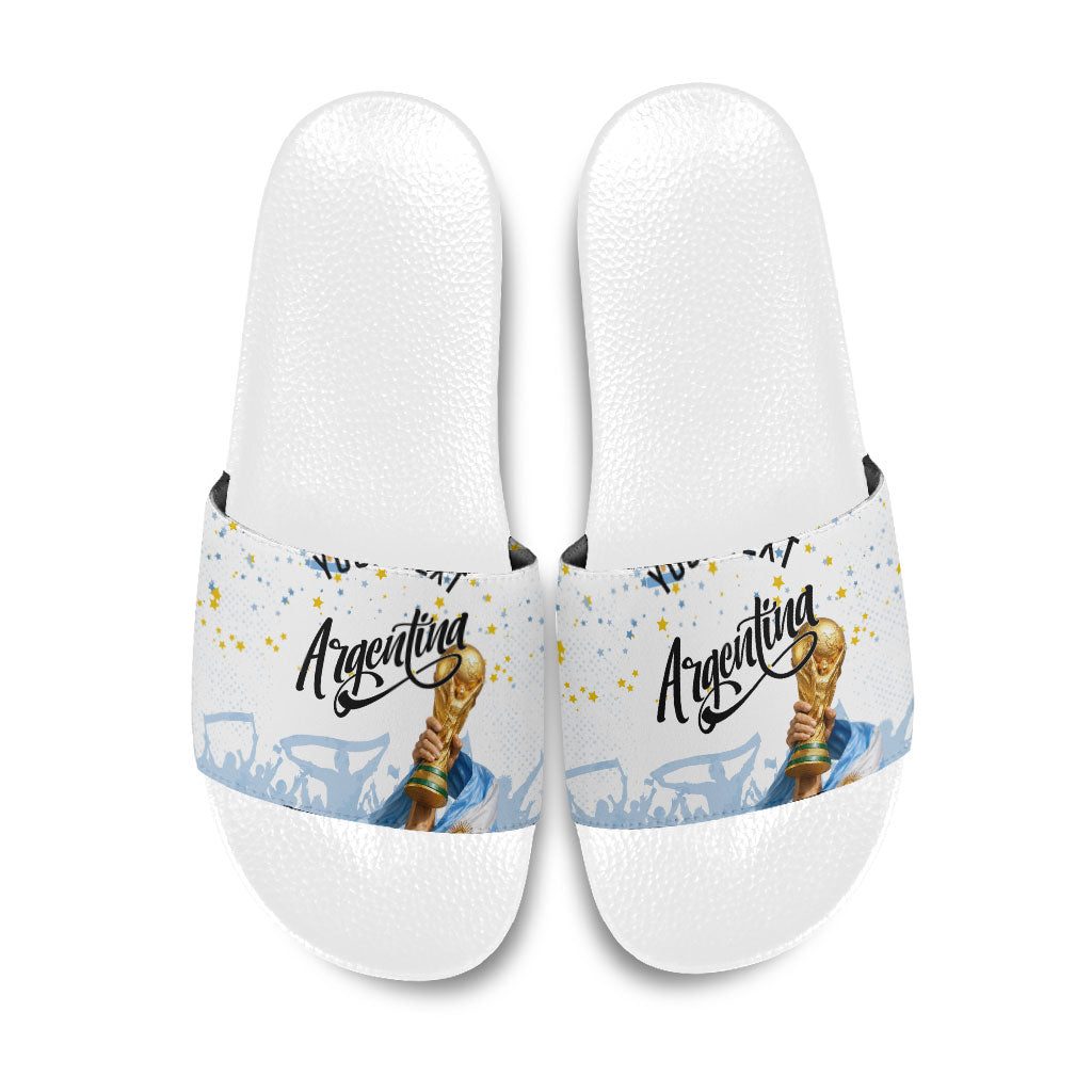 Personalized Argentina Football Slide Sandals Soccer Trophy Celebration Flag Graphic