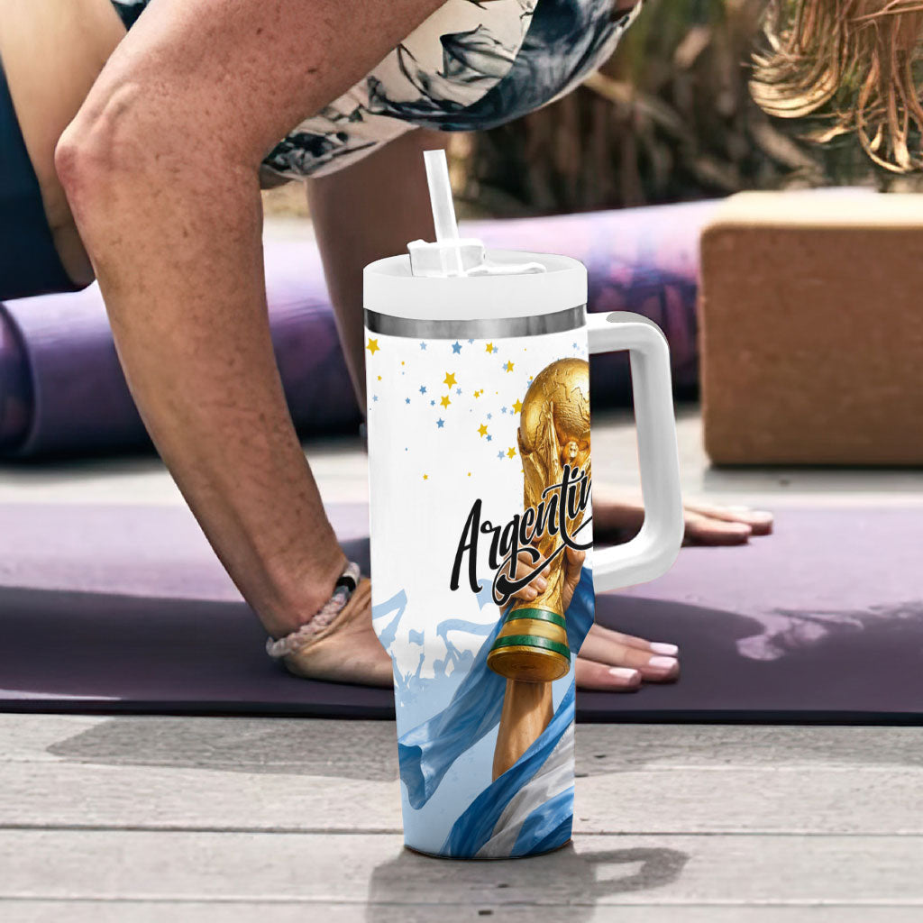 Personalized Argentina Football Tumbler With Handle Soccer Trophy Celebration Flag Graphic